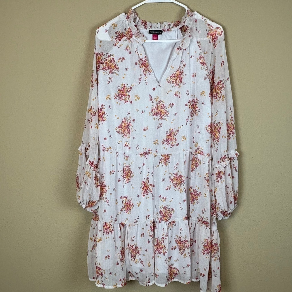 Vince Camuto Lightweight 3 Tier Ivory and Pink/Gold Floral Mini Dress; Size L